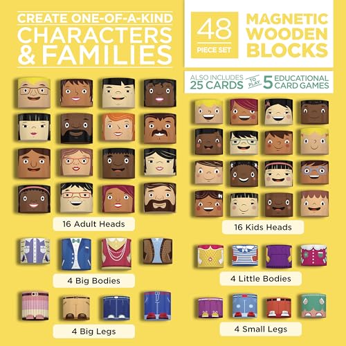 48-Piece Magnetic Wooden Figures with Activity Cards | Multicultural figures in four skin tones for preschool classrooms and child care, cards in English, French and Spanish - size: 48 Piece Set