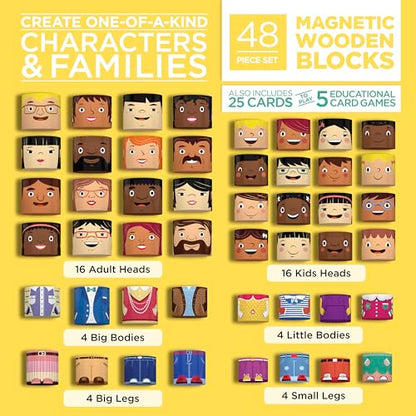48-Piece Magnetic Wooden Figures with Activity Cards | Multicultural figures in four skin tones for preschool classrooms and child care, cards in English, French and Spanish - size: 48 Piece Set