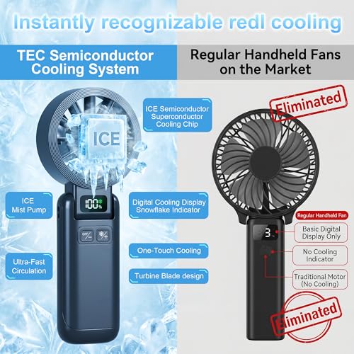 Pro Portable Handheld Fan with Ice Cooling, 5.5m/s High Speed Rechargeable Fan, Independent Switch, 135° Adjustable, 5-Speed, LED Display, Neck Personal for Travel Essentials, Concerts, Sports Events - color: Dark Black