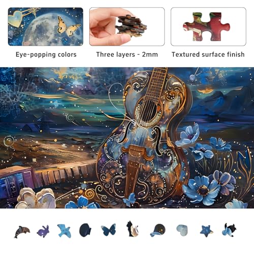 1000 Piece Jigsaw Puzzle for Adults, Guitar Moon Night Puzzle | Murder Mystery, Artistic Musical Fantasy Puzzle with Moon, Butterfly and Blue Flowers, Challenging Art, 26.6x19.2 in - color: Midnight Melody