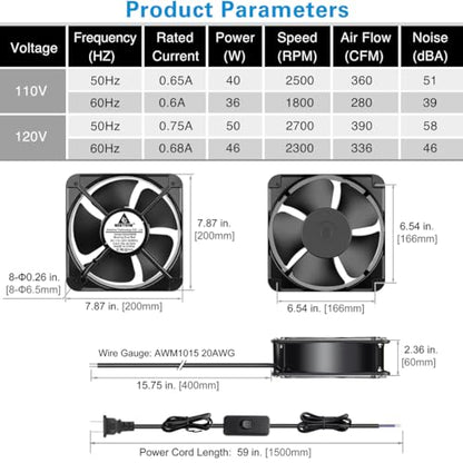 GDSTIME AXIAL 2060 Muffin Fan, 120V AC 200mm x 60mm High Airflow Dual Ball | 110V 115V, ON/OFF Switch, Heavy-duty Aluminum, 200x200x60mm, for Chicken Coop, Shed Cooling Ventilation, Freezer Replacement - size: 200x200x60mm