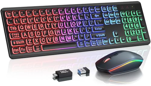 Wireless Keyboard and Mouse Combo, RGB Backlit, Rechargeable & Light Up Letters, Full-Size, Soft Typing, Sleep Mode, 2.4GHz Quiet Keyboard Set for Mac, Windows, Laptop, PC, Trueque (Matte Black) - color: Matte Black