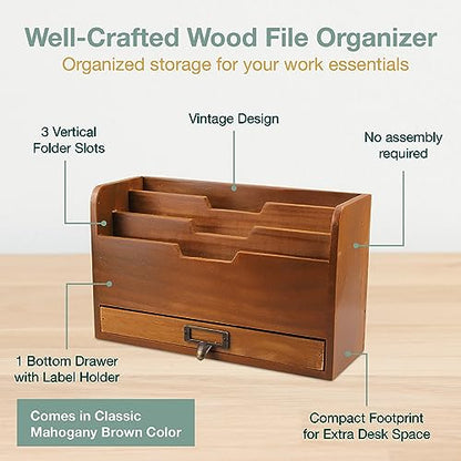 Rustic Wooden Desk Organizer - Vertical File Sorter with 3 Compartments & 1 Paper Tray Drawer - Mahogany Wood