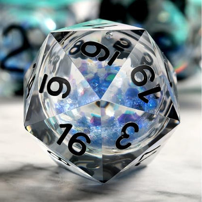 DNDND Glow in the Dark Liquid Sharp-Edge Dice Set 7PCS - Clear Resin Polyhedral DND Dice with Luminous Blue Liquid Orb & Glitter for D&D RPG Table Games （Glow Blue - color: Glow Blue
