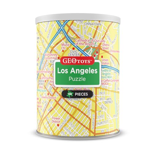 Geotoys Los Angeles Mini City Puzzle - 100 Piece Puzzles for Kids and Adults in Portable Can, 13" x 10" Educational Travel Puzzle for Ages 7 and Up - Mini Puzzles to Learn & Explore Geography - style: Los Angeles