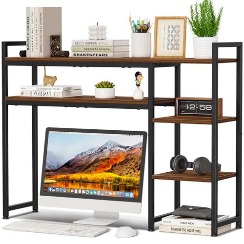 Snughome Adjustable Desk Shelf with Monitor Stand, 38.6" Desktop Organizer Hutch, Height Adjustable Computer Monitor Riser & 4 Tier Storage Bookshelf for Home Office Dorm - color: Rustic Brown