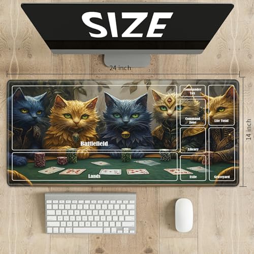 MTG Playmat with Zones, TCG Card Game Play Mat with Stitched Edges, Non-Slip Rubber Base Gaming Desk Mat, Smooth Surface 24 x 14 Inch, Cats Play Poker - color: Cats Play Poker, size: Zone 1