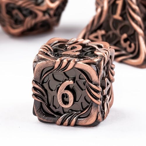 7-Die Metal DND Dice Set Role Playing Dice for RPG Table Games | Vine Design PU Leather Pouch for Dungeons and Dragons - color: Vine-ancient Copper