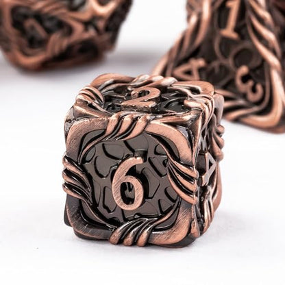 7-Die Metal DND Dice Set Metallic Polyhedral Role Playing Dice | Vine Design PU Leather Pouch for Dungeons and Dragons RPG Table Games - color: Vine-ancient Copper
