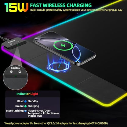 RGB Gaming Mouse Pad with Wireless Charging, Large Desk Mat, 31.5"x11.8" | XXL LED Mousepad, Ultra-Smooth Surface, Non-Slip Rubber Base, Waterproof Computer Keyboard Pad for Gamer, Black - color: Black-rgb+wireles Charging