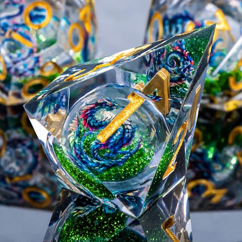 Roycevon Dragon Pattern Liquid Core DND Dice Set, 7Pcs Sharp Edge D&D Dice with Gift Box, Green Resin Dungeons Dragons D and D Role Playing Dice D20 D12 D10 D8 D6 D4 - color: Green Gold
