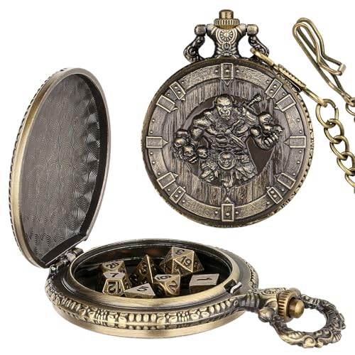 GEAoffice DND Dice Set with Vintage Barbarian Pocket Watch Case, Solid Metal Tiny Dice for Tabletop Role Playing Games, Fantasy RPG Gaming & Math Games, Unique DND Gift for Men/Women - color: Antique Bronze Barbarian