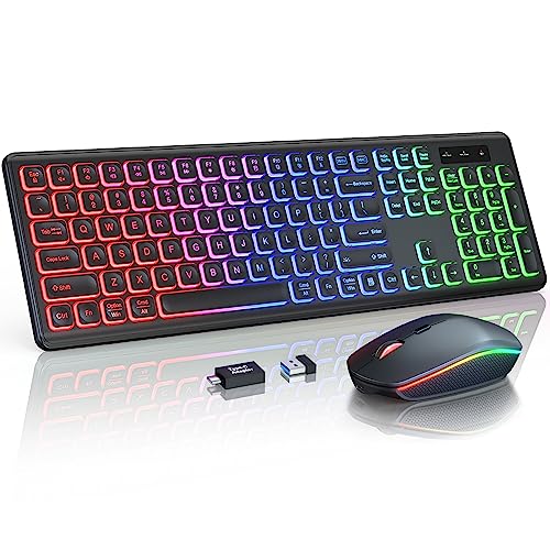Wireless Keyboard and Mouse Combo, RGB Backlit, Rechargeable & Light Up Letters, Full-Size, Soft Typing, Sleep Mode, 2.4GHz Quiet Keyboard Set for Mac, Windows, Laptop, PC, Trueque KM42Pro (Black) - color: Black