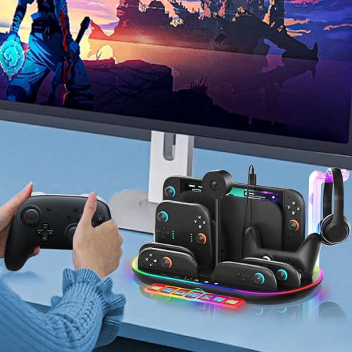 Switch 2 Charging Dock Stand with Cooling Fan,Charger for Joycons 2 and Switch 2 Pro Controller with RGB Light Storage Stand for Headset & Camera Storage Slot &7 Game Card Slots