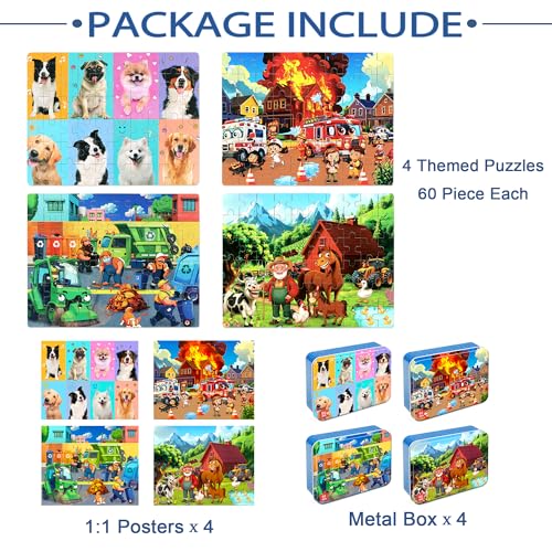 LELEMON Puzzles for Kids Ages 4-6,4-Pack Dogs Fire Fighting Garbage Truck Farm 60 Piece Puzzles for Kids Ages 4-8 in a Metal Box,Educational Jigsaw Puzzles Puzzle Games Puzzle Toys for Girls and Boys - color: Dogs Fire Fighting Garbage Truck Farm