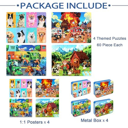 LELEMON Puzzles for Kids Ages 4-6,4-Pack Dogs Fire Fighting Garbage Truck Farm 60 Piece Puzzles for Kids Ages 4-8 in a Metal Box,Educational Jigsaw Puzzles Puzzle Games Puzzle Toys for Girls and Boys - color: Dogs Fire Fighting Garbage Truck Farm
