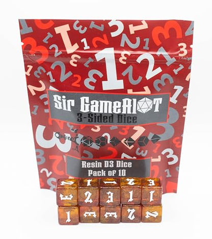 Custom Made Resin d3 (3-Sided Dice) - Set of 10 | Sir GameAlot | Glitter 6-Sided dice Numbered 1 to 3 | Use for Dungeons and Dragons DND, Warhammer and Other Games that Need a Three Sided roll - style: D3 Set of 10
