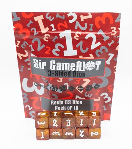 Custom Made Resin d3 (3-Sided Dice) - Set of 10 | Sir GameAlot | Glitter 6-Sided dice Numbered 1 to 3 | Use for Dungeons and Dragons DND, Warhammer and Other Games that Need a Three Sided roll - style: D3 Set of 10