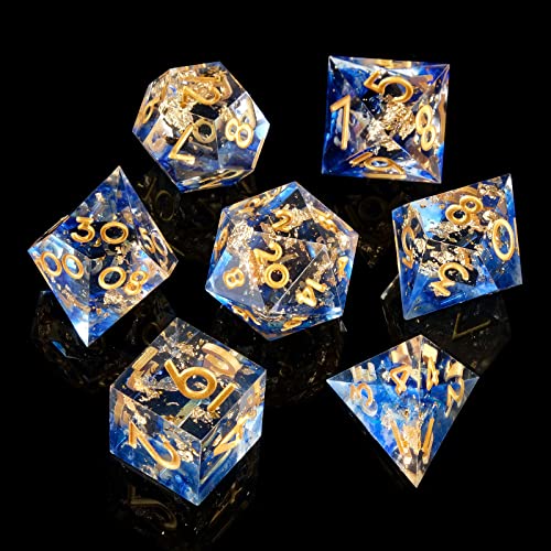 DND Dice Set Handmade 7 Accessories Sharp Edge Dice for Dungeons and Dragons TTRPG Games, Multi-Sided RPG Polyhedral Resin Sharp Edge Dice Roleplaying Games - color: Blue Gold 03