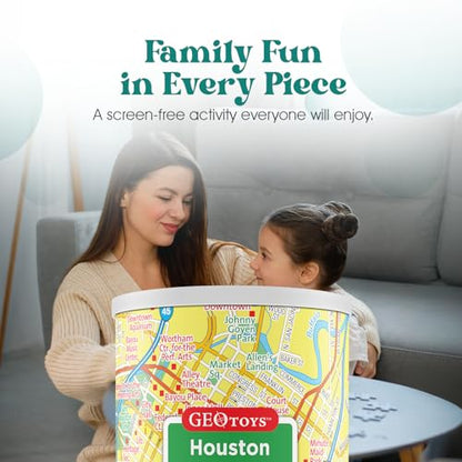 Geotoys Houston Mini City Puzzle - 100 Piece Puzzles for Kids and Adults in Portable Can, 13" x 10" Educational Travel Puzzle for Ages 7 and Up - Mini Puzzles to Learn & Explore Geography - style: Houston