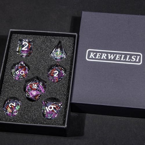 KERWELLSI Liquid Core Dragons Pattern Dice, Resin DND Dice Set with Gift Box, Purple Sharp Edged Dungeons D&D Dice, Role Playing Game Dice D20 D12 D10 D8 D6 D4 - color: Purple