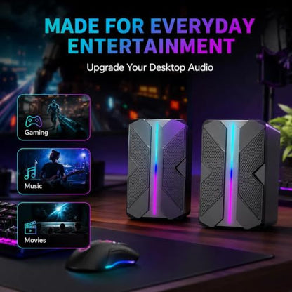 USB Computer Speakers with RGB Light, Compact Stereo Desktop Audio | Clear stereo sound with enhanced bass feel for music, movies, videos, meetings, and casual gaming.