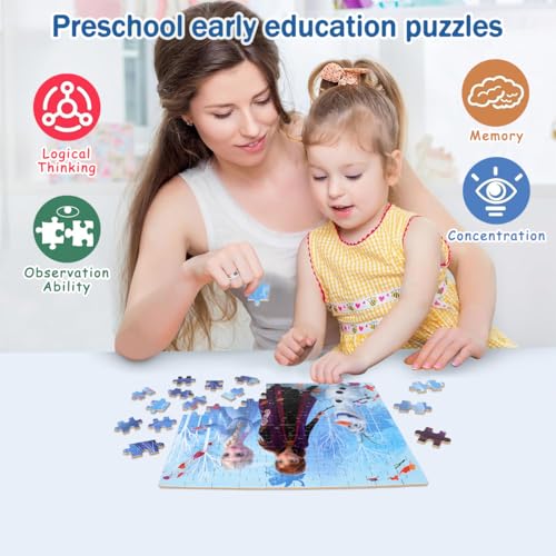 Puzzles for Kids Ages 4-8,Kids Puzzls in a Metal Box,Winter Princess Snowman Small Puzzes,Kid Boys Girls Learning Educational Puzles Packed in Tin Box,100 Pieces - color: Blue100