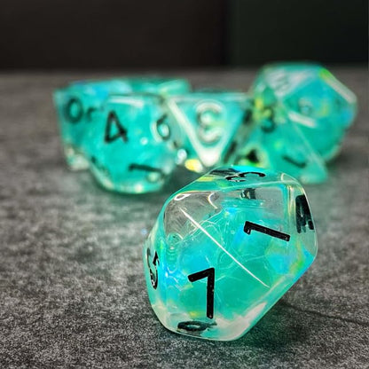 Sage’s Portal Cantrips DND Dice Set - Round Edge Resin 7-PC Polyhedral DND Dice Set for Dungeons and Dragons D&D RPG Tabletop TTRPG (Teal Flakes) - color: Teal Flakes