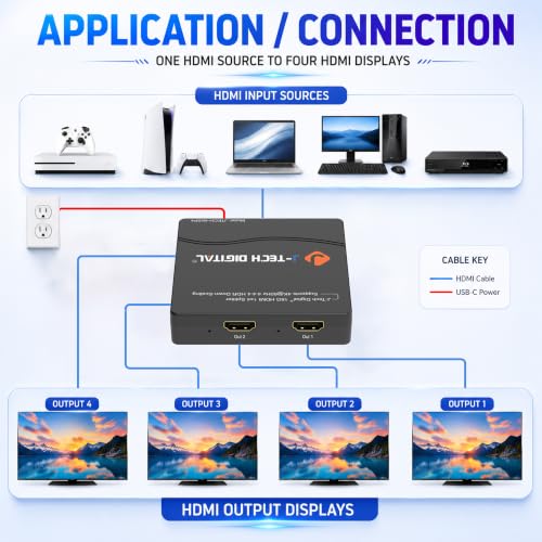 J-Tech Digital HDMI Splitter 4K 60Hz 1X4 Multi-Resolution Output (MRO) HDMI 2.0 Splitter Supports downscale HDR HDR10 / Dolby Vision 4K@60Hz 4:4:4 HDCP2.3 2.2 (JTECH-4KSP4)