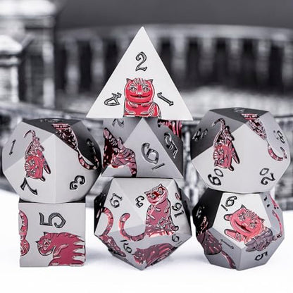 Metal DND Cat Dice 7PCS Polyhedral RPG Dice Set with Gift Case for Dungeons Dragons Role Playing Game, D and D Dice D6 D8 D10 D12 D20 D% (Grey Red) - color: Cat-grey Red