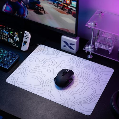 XVX Glass Mousepad for Gaming, White Topographic Hard Gaming Mouse pad, Professional Large Mouse Mat 16.2" x 12.2", Special Glass Surface with Improved Precision and Speed - color: White(Topographic)