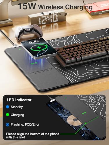 Wireless Charging Mouse Pad, 31.5"x15.8" Large Desk Mat, Smooth Glide | Waterproof Mousepad, Stitched Edge, Non-Slip Rubber Base, Desk Pad Computer Keyboard Mat, No Adapter - color: Black-31.5"x15.8"-Contour