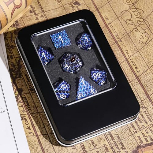 Dragon Eye Metal Dice Set, 7 Pcs Dragon Scale Metallic Dice Set, Gift Metal Box for Dungeons and Dragon Tabletop Game (Glitter Blue Dragon Scale & Red Eye) - color: Glitter Blue Dragon Scale & Red Eye