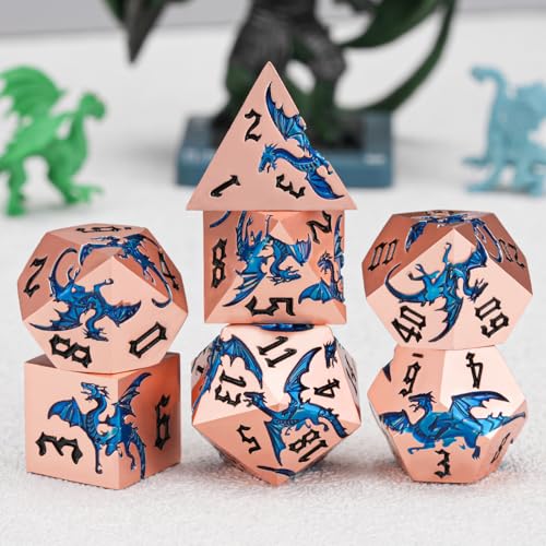 Metallic DND Dragon Dice Set,Metal Sharp Edge Polyhedral Dice with Dragon for Dungeons and Dragons RPG TTRPG D&D 7-Die Set with Gift Case Dragon-Pearl Red Copper Transparent Blue - color: Dragon-pearl Red Copper Transparent Blue