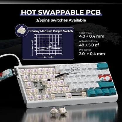 HITIME x XVX 60% Percent Keyboard with Strap, H61 Wired Aluminum Gaming Keyboard, Hot Swappable, Kanagawa Anime PBT Keycaps, RGB Backlit, Cherry Profile, Sound Absorbing Pads, Creamy Linear Switch - color: White Kanagawa