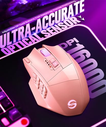 UtechSmart Venus Pro Wireless MMO Gaming Mouse, 16,000 DPI Optical Sensor, Wired/Wireless Dual Modes, 16M Chroma RGB Lighting, 16 Programmable Buttons, Ergonomic Design, Up to 70H, Pink - color: Pink