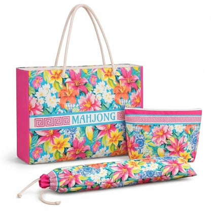 Soulchen 3 Pcs Empty Mahjong Bag Set American Mahjong Buckled and Zippered Carrying Bag with Handle, Tile case and Drawstring Protective Sleeve for Rack Game Travel Accessories Gift(Rose Red Floral) - style: Rose Red Floral
