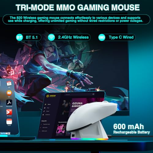 SOLAKAKA SM820 Wireless Gaming Mouse with RGB Charging Dock,24000 DPI Tri-Modes Wireless Mouse with 2 Side Buttons,Programmable Macro Mouse for Gaming(White) - color: white