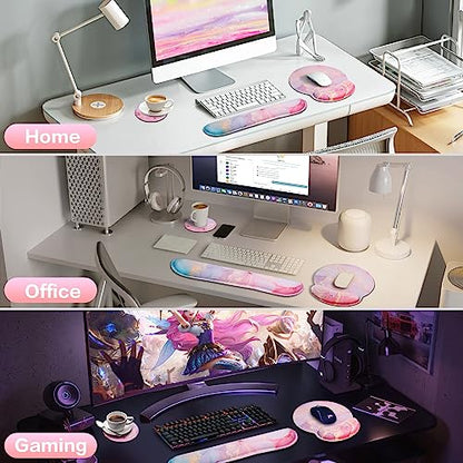 Mouse Pad with Wrist Rest Pink, 3-in-1 Wrist Support Mousepad Set, | Gaming with Anti-Skid Base,Ergonomic Mouse Pad,Memory Foam Keyboard Gel Wrist Rest - color: Pink Blue Marble