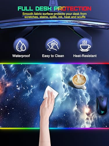 Wireless Charging Mouse Pad, RGB Gaming Mousepad Home Office Desk Pad, 31.5” x 15.8” XXL Large Desk Mat, Waterproof Keyboard Pad, Blue Nebula(Includes 20W PD Power Adapter & 6.56ft Woven Cable) - color: Upgraded Rgb - Blue Nebula With Adapter