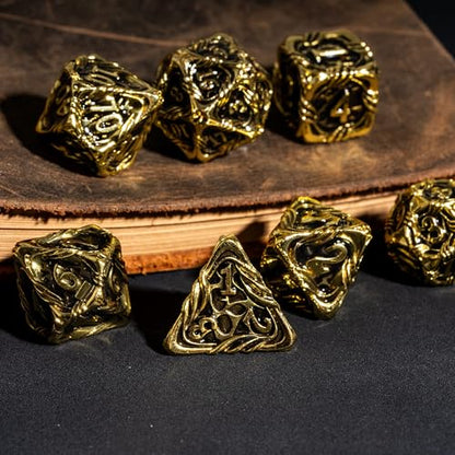 7-Die Metal DND Dice Set Metallic Polyhedral Role Playing Dice | Vine Design PU Leather Pouch for Dungeons and Dragons RPG Table Games - color: Vine-gold Black