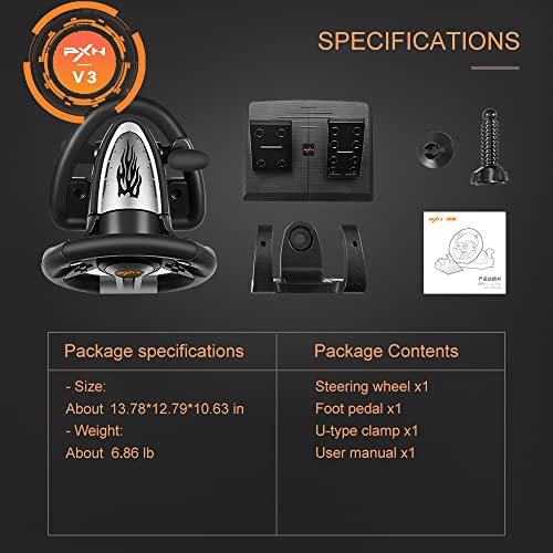 PXN V3 PRO Racing Wheel with Pedals for PC, Xbox, PS4, Switch | 11-Inch Wheel, Vibration Feedback, Paddle & Sequential Shifting, 180° Steering, 2-Pedal, Plug & Play Setup for Easy Gaming - color: Black