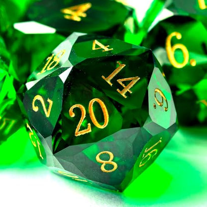 Crystal Multifaceted Polyhedral Dice Set 7 PCS for DND, RPG Tabletop Gaming, Collectors | Tinbox Packing, Gemstone Effect Dice (Emerald) - color: Emerald