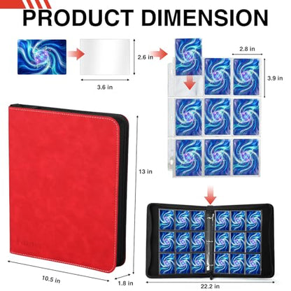 9 Pocket Trading Card Binder, 900 Cards Zip Album, Red | 50 Pcs Double Sided Sleeves, 3 Rings, Card Organizer for Baseball, Football, Basketball, Sports, Game Cards - color: Red