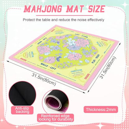 Soulchen Flower Yellow and Pink American Mahjong Mat for Table with Rules, No Creases, Ships Rolled, 31.5 x 31.5 Non-Slip Noise Reduction Gaming Mat with Carrying Bag for Poker Card Board - color: Yellow and Pink