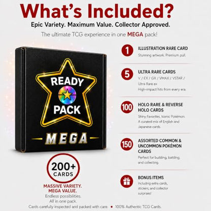 Ready Pack Mega - 200 Pokémon Compatible Trading Card Bundle - 1 Illustration Rare Card - 5 Ultra Rare Cards - 50 Holo Cards