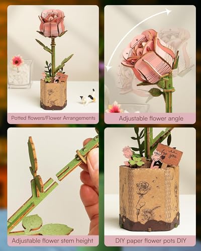 3D Flower Wooden Puzzles for Adults-Pink Rose, DIY Wooden Flowers Model Kit Building Set Crafts Birthday Gifts, Artificial Botanical Collection Creative Gift Ideas/Housewarming (104PCS) - style: TW - Pink Rose
