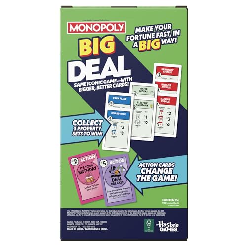 Monopoly Big Deal Card Game | Oversized Giant Large Cards for Family Fun | Ages 8+ | 2 to 5 Players | 15 Mins. | Travel Games for Kids and Adults