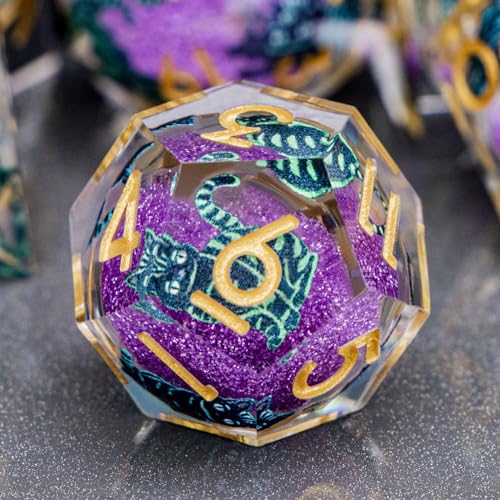 DND Cat Dice 7PCS Polyhedral Sharp Edge Dice Set with Gift Case for Dungeons Dragons Role Playing Game, RPG Resin D and D Dice D6 D8 D10 D12 D20 D% (Gold Purple) - color: Cat2-gold Purple