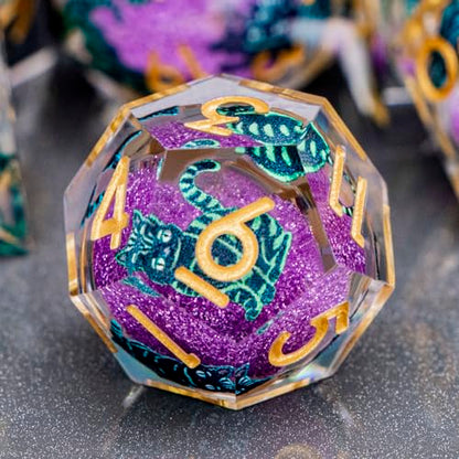 DND Cat Dice 7PCS Polyhedral Sharp Edge Dice Set with Gift Case for Dungeons Dragons Role Playing Game, RPG Resin D and D Dice D6 D8 D10 D12 D20 D% (Gold Purple) - color: Cat2-gold Purple